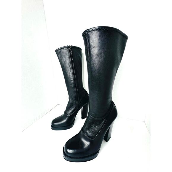 Prada Vintage Black Leather Sock Boots Size 38.5 High Block Heel Stretch Shaft - Picture 3 of 12